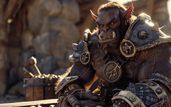 HD desktop wallpaper of an orc from World of Warcraft, showcasing detailed armor and a fierce expression in a rustic setting.