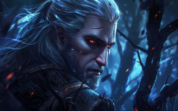 HD desktop wallpaper of Geralt of Rivia from The Witcher 3: Wild Hunt. He is shown with a piercing gaze amid a dark, mystical forest background.
