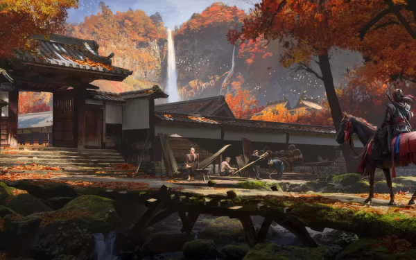 HD desktop wallpaper for Assassin's Creed Shadows video game, featuring a serene village scene with autumn foliage, waterfall, traditional Japanese architecture, and a warrior on horseback.