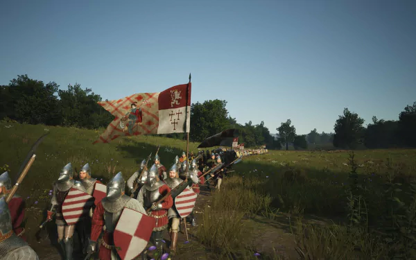 HD desktop wallpaper of the video game Manor Lords, featuring a group of medieval knights marching with banners in a grassy field under a clear sky.
