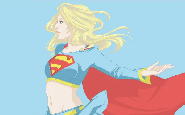 A vibrant HD desktop wallpaper featuring Supergirl in a dynamic pose, showcasing her signature blue and red costume with a flowing cape against a light blue background.