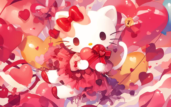HD wallpaper featuring Hello Kitty in a cute red dress, holding a heart-shaped gift amidst a colorful Valentine-themed background filled with hearts and love symbols.