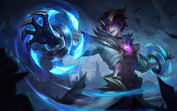 HD desktop wallpaper featuring Dyrroth from Mobile Legends: Bang Bang, showcasing a dramatic scene with dark tones, glowing blue weapons, and a menacing background.