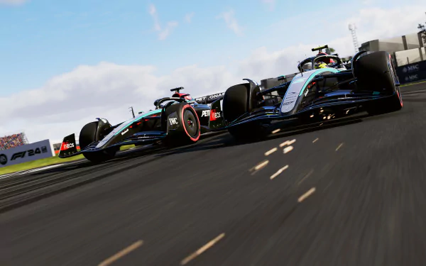 Two high-speed F1 cars race side by side on a track in a high-definition scene from the video game F1 24. The image is designed as a HD desktop wallpaper and background.