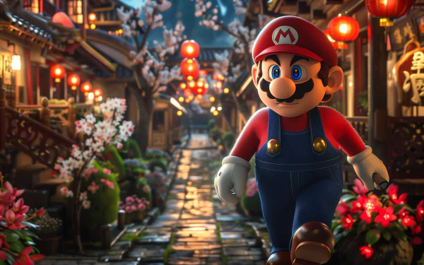 HD desktop wallpaper of Mario from Super Mario Bros. strolling through a beautifully lit village adorned with lanterns and blossoming flowers, creating a vibrant and enchanting atmosphere.