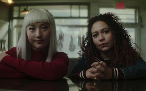 Two young women from the TV show Dead Boy Detectives sit side by side, staring directly at the camera. This HD desktop wallpaper and background image captures a contemplative scene with muted tones.