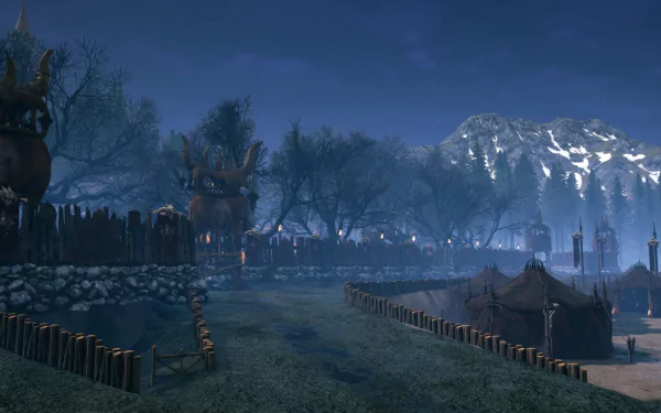 A high-definition wallpaper of the video game Rise Online, featuring a serene landscape with tents, wooden fences, trees, and snow-capped mountains under a dusky sky.