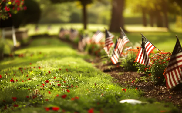 HD desktop wallpaper for Memorial Day featuring a serene scene of American flags lined up in a lush, sunlit garden, commemorating the holiday.