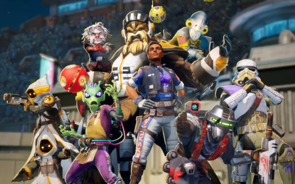 HD desktop wallpaper of Star Wars: Hunters featuring a diverse group of characters from the video game posing heroically, with a futuristic arena backdrop.
