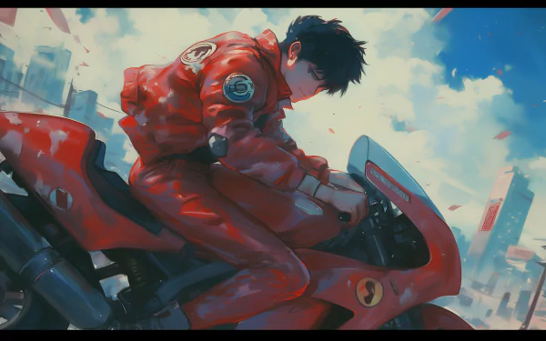 An HD wallpaper featuring Shotaro Kaneda from the anime Akira. He is riding his iconic red motorcycle against a cityscape background under a blue sky with scattered clouds.
