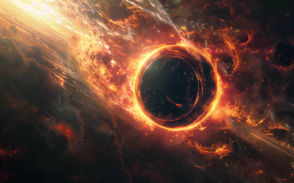 A stunning HD desktop wallpaper featuring a sci-fi depiction of a black hole surrounded by fiery cosmic clouds.