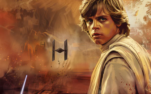 HD desktop wallpaper featuring Luke Skywalker, portrayed by Mark Hamill, from Star Wars. The image shows an intense scene with a TIE Fighter in the background and a lightsaber blade visible.