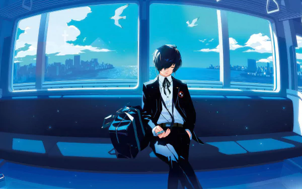 HD desktop wallpaper of Makoto Yuki from the video game Persona 3 Reload, sitting in a train with a serene cityscape and sky visible through the windows.
