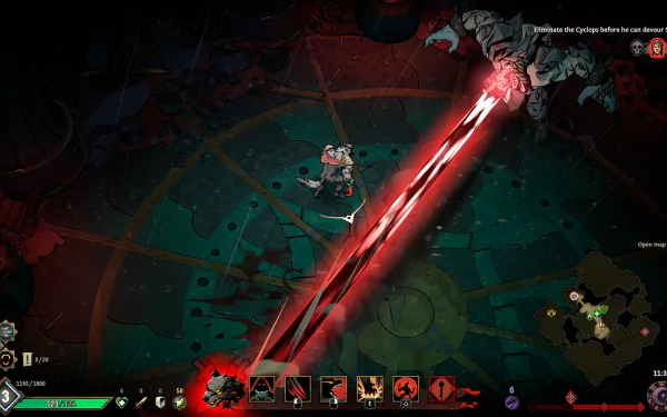 HD desktop wallpaper of the game Ravenswatch featuring intense gameplay with a character battling an enemy using a powerful red energy beam. The game interface and a map are visible in the background.