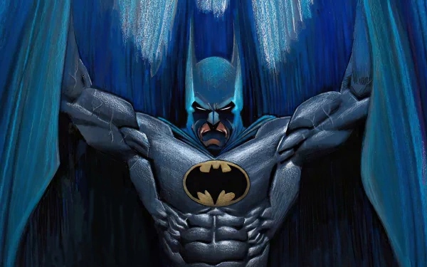 HD PC desktop wallpaper by Norm Breyfogle: Batman with cape spread and emblem prominent, looming in dramatic blue shadows in a bold, muscular comic-book style.