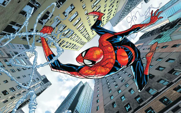 HD PC wallpaper featuring Spider-Man swinging between skyscrapers, illustrated in dynamic style by Humberto Ramos.