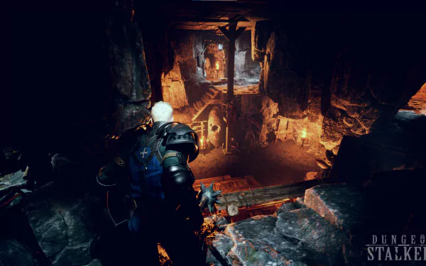 This HD desktop wallpaper features a scene from the video game Dungeon Stalkers, showcasing a heavily armored character navigating through a dimly lit, cavernous dungeon.