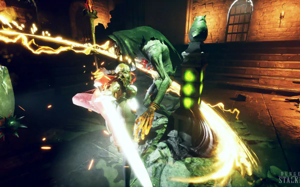 HD desktop wallpaper and background from the video game Dungeon Stalkers featuring an intense battle scene between a warrior and a monstrous creature illuminated by dynamic lighting effects.