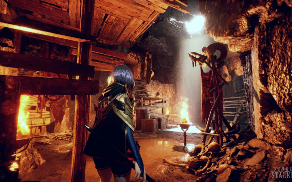 HD desktop wallpaper of the video game Dungeon Stalkers, depicting a dimly lit, dungeon-like environment with a character exploring, surrounded by wooden structures and torch flames.
