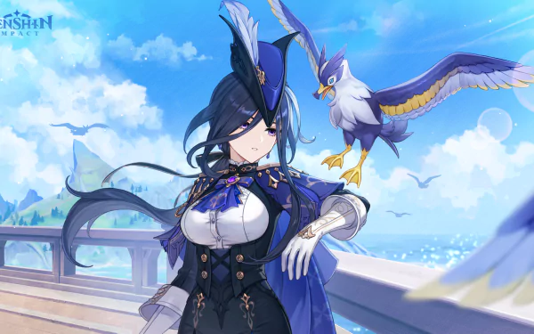 HD PC desktop wallpaper featuring Clorinde from Genshin Impact, standing confidently with a bird perched nearby against a bright, cloudy sky background.