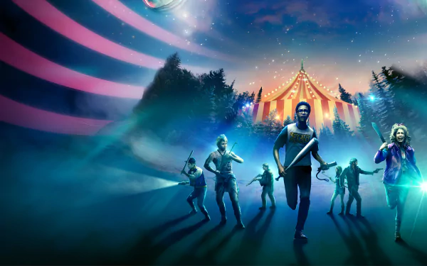 HD desktop wallpaper featuring characters from the game Killer Klowns from Outer Space: The Game, displaying a dramatic nighttime scene with a circus tent in the background and armed figures walking in the foreground.