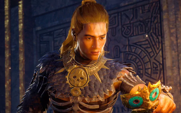 HD desktop wallpaper and background featuring a character from the video game Soulmask, adorned in detailed armor with a mystical mask in hand against an intricate, ancient-themed backdrop.