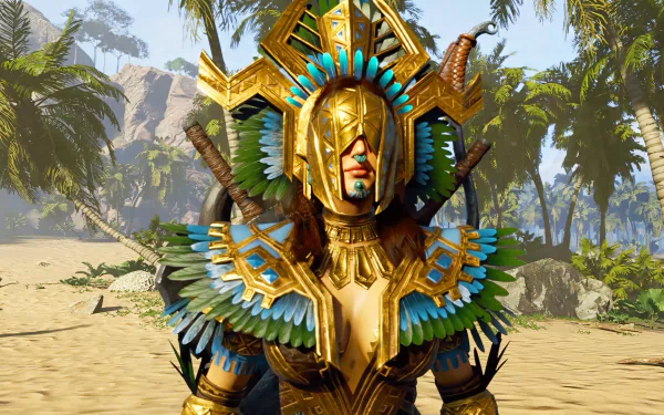 HD desktop wallpaper of a character from the video game Soulmask, featuring an elaborately dressed warrior with a golden mask and colorful feather adornments, set against a tropical background.