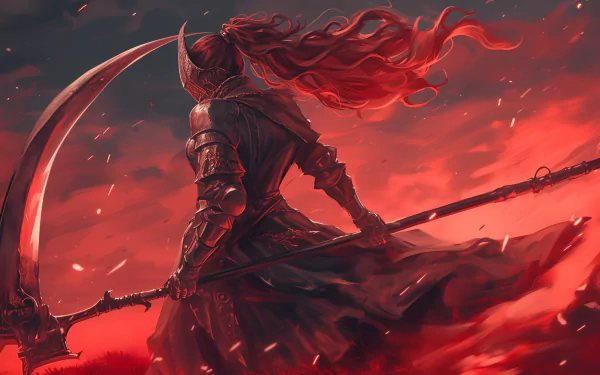 HD desktop wallpaper featuring a knight holding a scythe against a fiery red background, exuding a warrior's intensity.