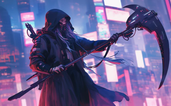 A cyberpunk figure wielding a futuristic scythe stands against a neon-lit cityscape, captured in HD quality. This striking desktop wallpaper radiates a dystopian, high-tech atmosphere.