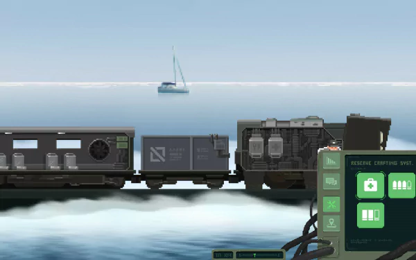 HD desktop wallpaper of The Final Station video game, showing a detailed train scene by the water with a sailboat in the distance and an interactive control panel in the foreground.