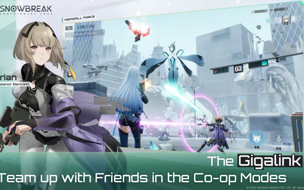 HD desktop wallpaper of Snowbreak: Containment Zone, featuring characters in an intense battle scene. Text in the image encourages teaming up with friends in Co-op Modes.