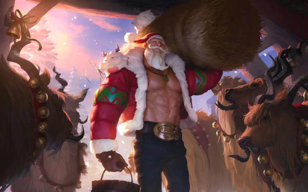 HD desktop wallpaper of Braum from Legends of Runeterra and League of Legends. Braum is dressed in a festive outfit, carrying a large sack, surrounded by reindeer at dawn, creating a holiday-themed scene.