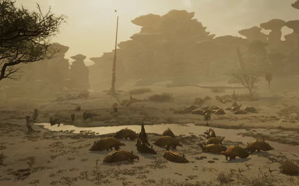 HD desktop wallpaper from “Monster Hunter Wilds” video game, depicting a vast desert landscape with numerous monsters near a waterbody, surrounded by rocky formations and an arid, atmospheric sky.