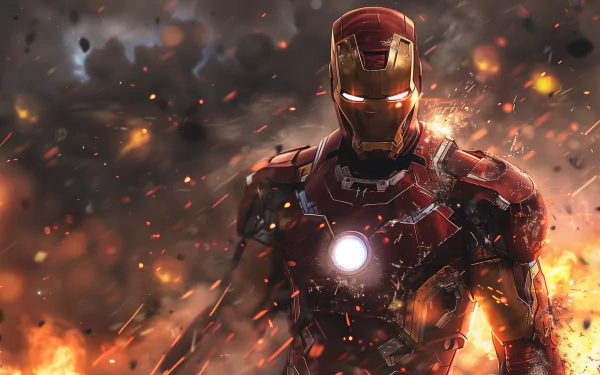 HD desktop wallpaper featuring Marvel Comics' Iron Man standing amidst a chaotic, fiery background.