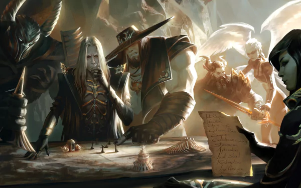 HD desktop wallpaper of Pentakill band members from League of Legends, featuring Yorick and Mordekaiser engaging in a strategy meeting. Atmospheric and intense, depicting the fantasy game's dark theme.