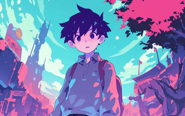 HD desktop wallpaper and background featuring Sunny from the video game OMORI, depicted against a vibrant, stylized landscape with bold, contrasting colors.