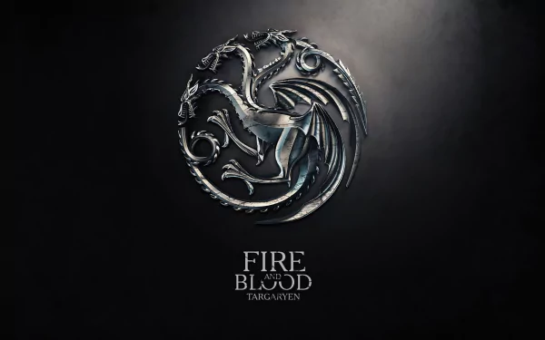High-definition desktop wallpaper from the TV show House of the Dragon, featuring the Targaryen sigil with a dragon and the words Fire and Blood against a dark background.