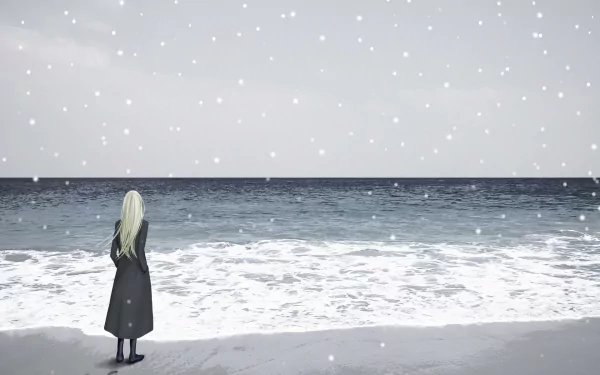 Anime character Nana stands alone on a snowy beach, gazing at the ocean under a grey sky. This HD desktop wallpaper captures a serene and contemplative moment.