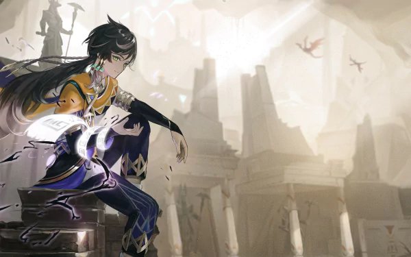 4K Ultra HD wallpaper featuring Sethos, a boy character from Genshin Impact, sitting thoughtfully against a muted, ancient cityscape background.