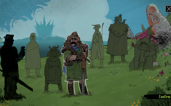 HD desktop wallpaper featuring characters from the video game Tears of Metal. The image showcases various figures standing on a grassy field with a blue sky and cloud formation in the background.