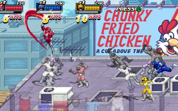 HD desktop wallpaper featuring gameplay from Mighty Morphin Power Rangers: Rita’s Rewind, with Power Rangers battling enemies on a rooftop, and a billboard for Chunky Fried Chicken in the background.