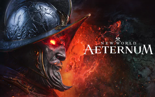 HD wallpaper of the video game New World, featuring a close-up of a character with glowing red eyes and a detailed helmet, set against a fiery background displaying the game's title, Aeternum.