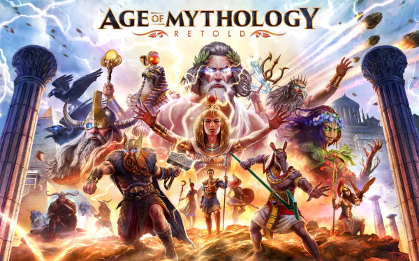 HD desktop wallpaper background featuring various mythological characters from the video game 'Age of Mythology: Retold,' set against a dynamic and vibrant backdrop.