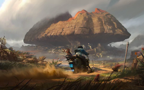 HD desktop wallpaper of 'Star Wars Outlaws' video game, featuring a dynamic landscape with a character on a hoverbike racing towards a large, rocky outcrop under a dramatic sky.