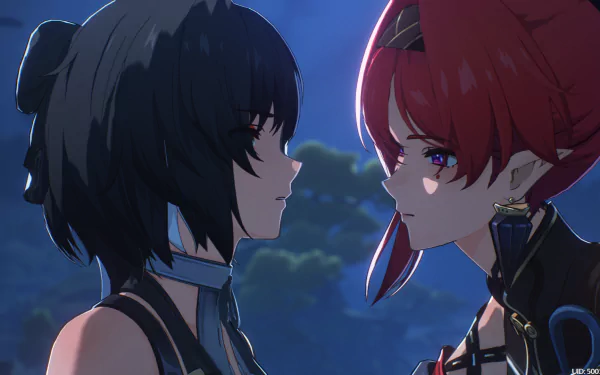 HD desktop wallpaper featuring two characters from the video game Wuthering Waves, with Yinlin (Wuthering Waves) depicted on the right, facing another character against a serene, dark background.