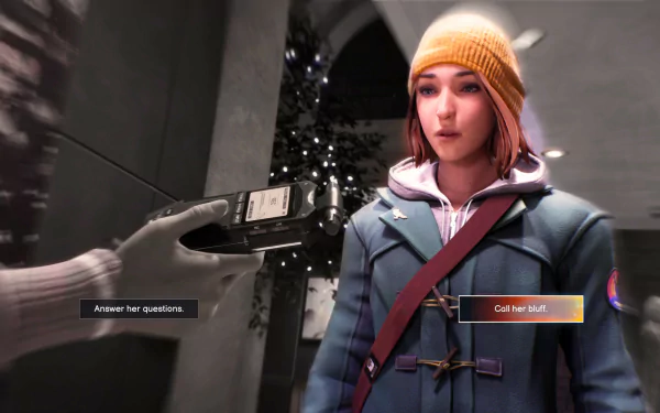 HD desktop wallpaper of the video game Life is Strange: Double Exposure. The scene features a character being asked questions with two on-screen choices for responses.