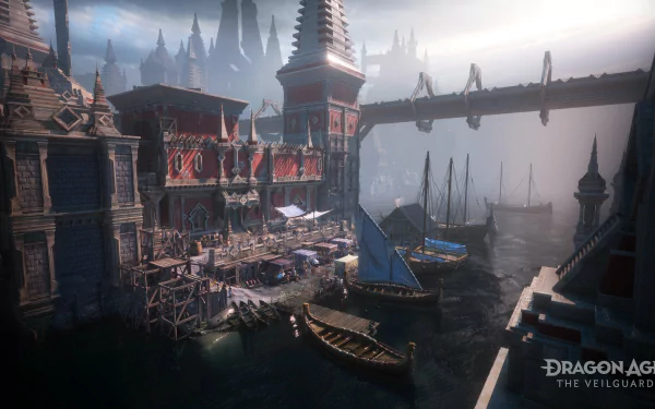 HD wallpaper and background image from the video game Dragon Age: The Veilguard, featuring a detailed coastal city with boats docked near elaborate buildings and a bridge.