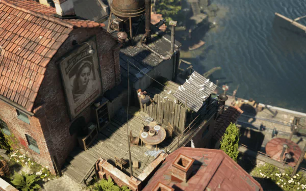 A HD desktop wallpaper from the video game Eriksholm: The Stolen Dream, depicting a detailed, rooftop scene in a coastal village.