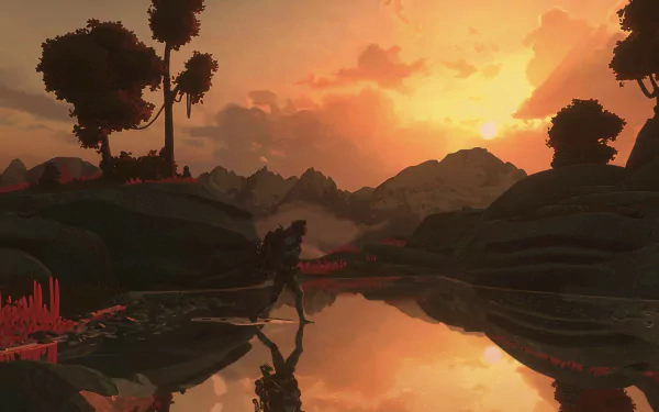 A high-definition desktop wallpaper for the video game Cairn, showcasing a silhouetted character walking by a reflective lake during a stunning sunset amidst a picturesque landscape.