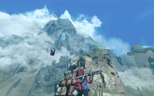 HD desktop wallpaper featuring a scene from the video game Cairn, depicting a hiker with a large backpack ascending a rugged, mountainous landscape under a partly cloudy sky.